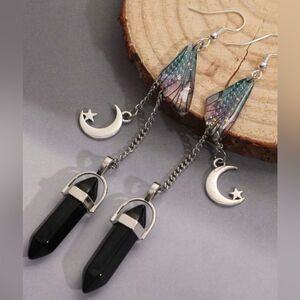 Cottagecore Earrings, Gothic Butterfly Wing, Crescent Moon, Star, Black Crystal